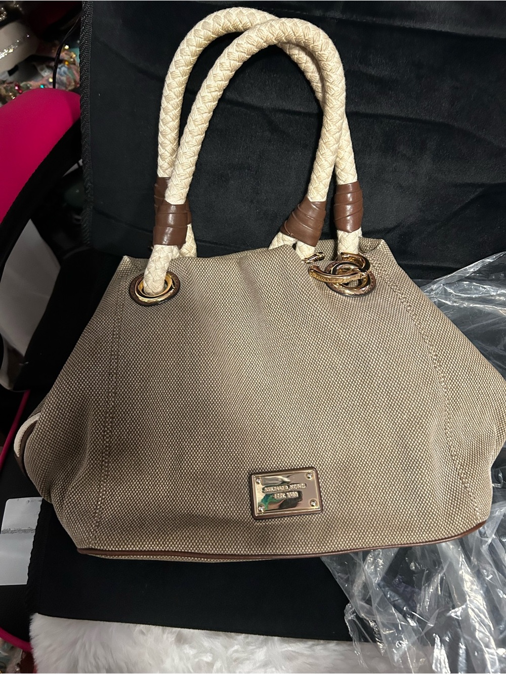 Michael Kors Taupe Canvas Tote with Cream Braided Handles